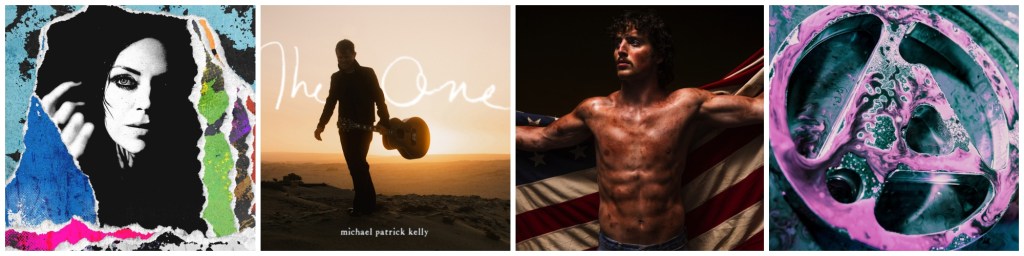 Kollage aus vier Musikcovern und Bildern, darunter das Cover von Amy Macdonald, ein Bild von Michael Patrick Kelly mit Gitarre, ein muskul&ouml;ser Mann mit amerikanischer Flagge und ein kreatives Bild von rosa Fl&uuml;ssigkeit in einer Schale.