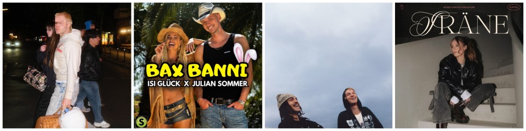 Zwei Personen in der Nacht, eine mit einem Koffer, die andere mit einer Tasche, gehen auf einer Stra&szlig;e.