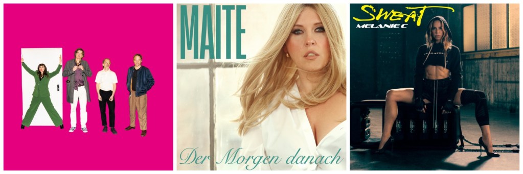 Collage of three music album covers: on the left, a colorful design featuring four people, in the center, a close-up of a blonde woman with the text 'Der Morgen danach' by Maite Kelly, and on the right, an image of a woman in a sporty outfit with the title 'Sweat' by Melanie C.