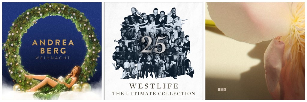 Cover von Andrea Bergs Album 'Weihnacht', mit dekorativer Weihnachtskranz-Umrahmung und einer lächelnden Frau in einem festlichen Outfit.