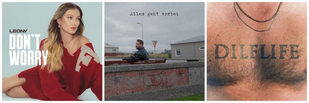 Albencover von Leony mit dem Titel 'Don't Worry', die K&uuml;nstlerin tr&auml;gt einen roten Pullover und hat lange, lockige Haare.