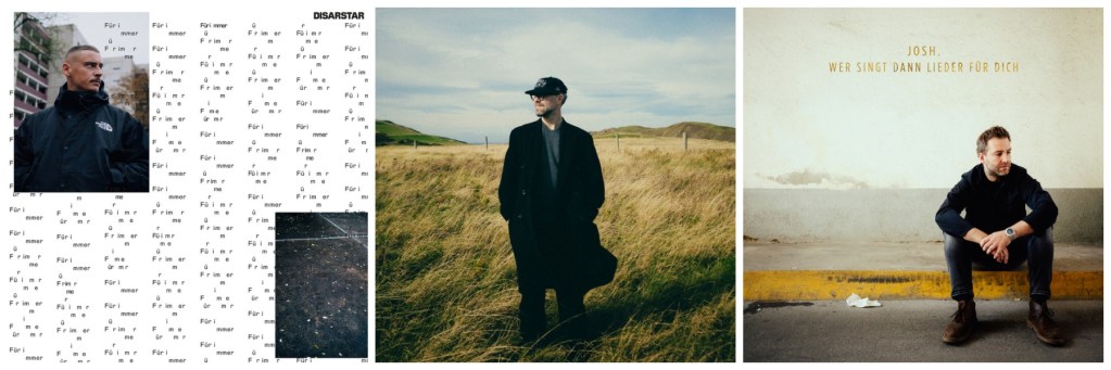 Collage featuring three musicians: Disarstar, a rapper in a street-style outfit against a city backdrop; a male artist in a black coat standing in a grassy field; and Josh, sitting on the ground in a casual outfit with his album title in the background.