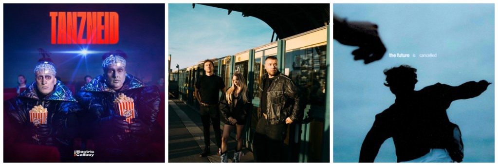 Cover artwork for the single 'TANZNEID' by Electric Callboy featuring two people in shiny outfits holding popcorn.