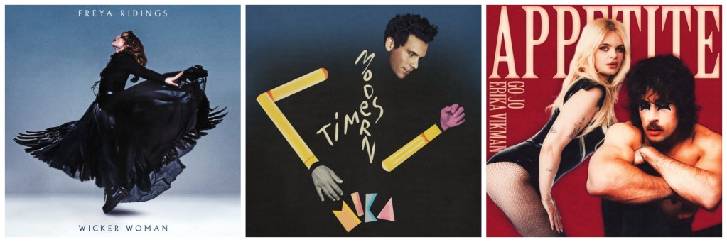 Cover art for Freya Ridings' single 'Wicker Woman' featuring a woman in a flowing black dress against a dark background.