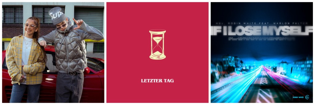 Zwei Musiker posieren l&auml;chelnd vor einem roten Auto, die Frau tr&auml;gt eine karierte Jacke und hat lange Haare, der Mann tr&auml;gt eine Weste und eine modische M&uuml;tze.
