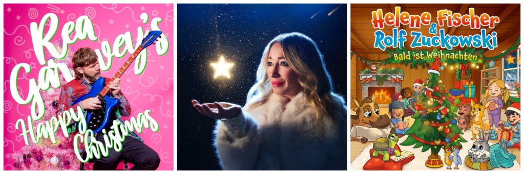 Albumcover von Rea Garvey's 'Happy Christmas' mit ihm, der eine Gitarre h&auml;lt, vor einem rosa Hintergrund mit Weihnachtsbaum.