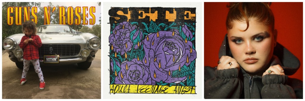 Cover von Guns N' Roses mit dem Titel 'Nothin' und einem Kind, das vor einem klassischen Auto steht.