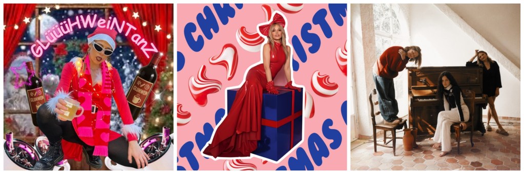 Lara Hulo in festlicher Kleidung, posierend mit Glühwein in der Hand vor einem Weihnachtsdekor.